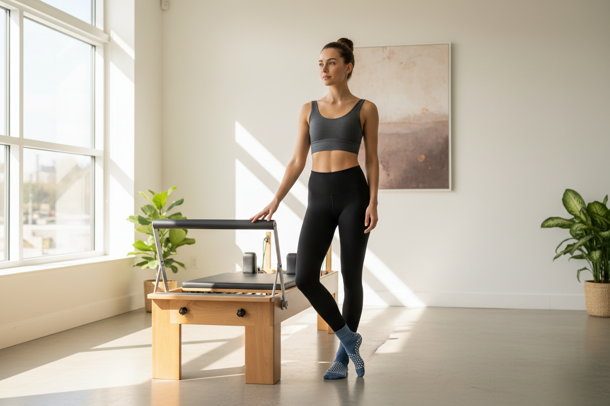 Woman stood next to pilates reformer wearing pilates socks